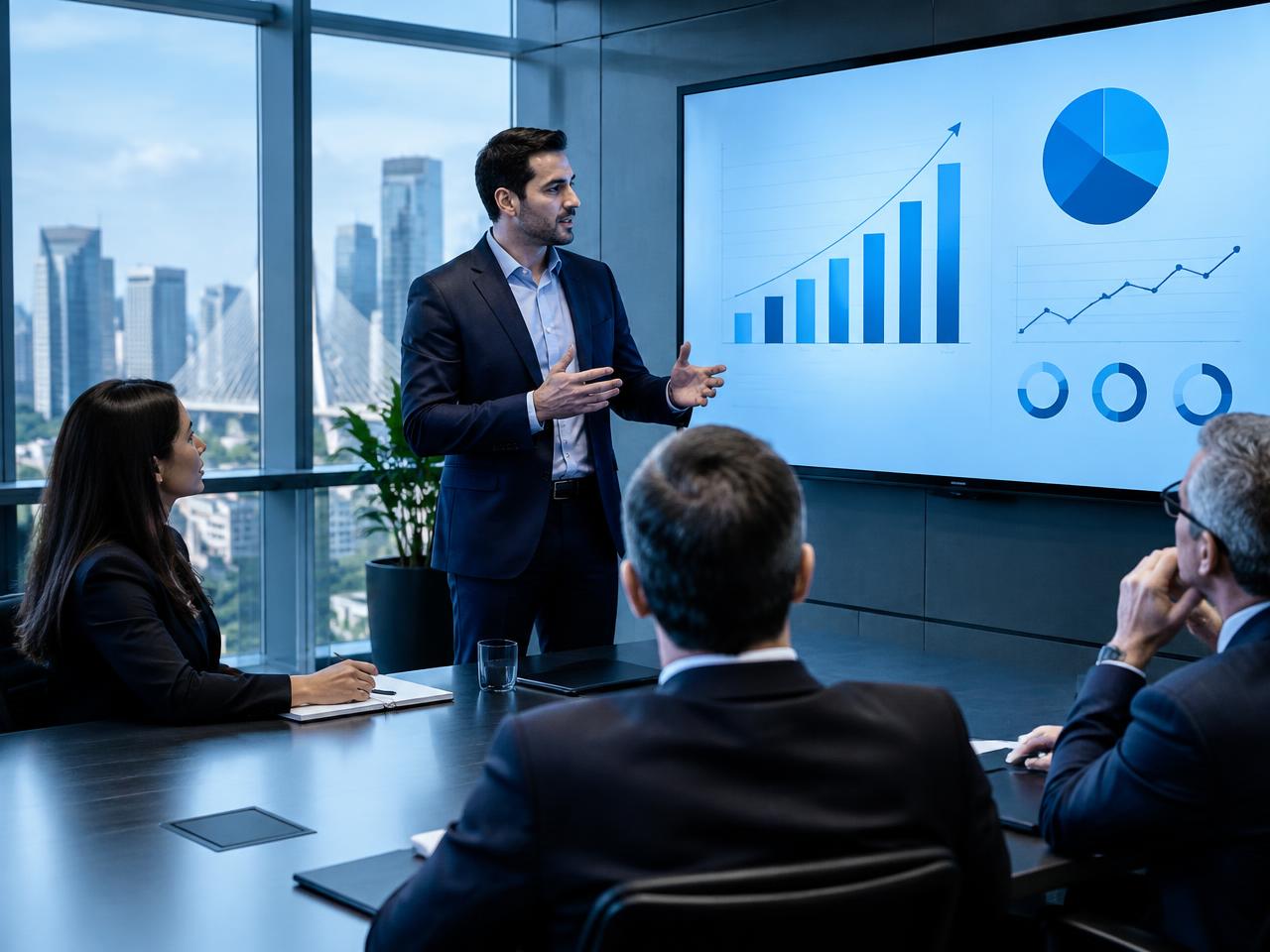 Imagem ilustrativa de consultor apresentando gráficos de crescimento em reunião